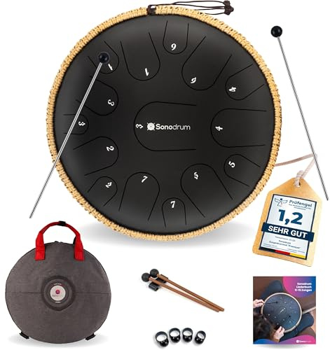 Sonodrum Zungentrommel Premium C - Dur in Schwarz - 35 cm groß mit 15 Tönen - Steel Tongue Drum inkl. Liederbuch, Schlägel, Fingersticks und Tragetasche - Notenlesen nicht nötig, einfach zu spielen.
