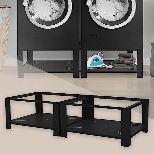 ML-Design Doppel Waschmaschinen Untergestell mit 2 Ablagen, Schwarz 128x54cm Stahl, 2x 150kg, Stabiler Waschmaschinensockel 2-Fach, 32cm hohes Podest, Erhöhung Unterbau Doppeluntergestell Doppelpodest