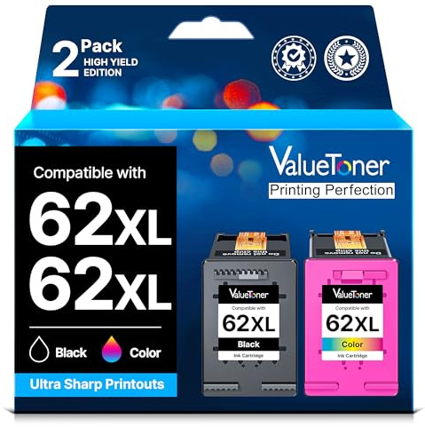 Valuetoner 62XL Schwarz und Farbe Kompatibel für HP 62 Druckerpatronen | 62 xl für HP Officejet 250 Mobile Patronen 200 5740 5742 5744 für Envy 5540 5548 5640 5646 7640 5545 5544 (2er-Pack)