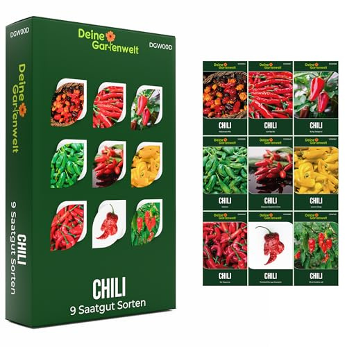 Chili Samen Set – 9 Sorten Chilisamen – Anzuchtset für Chilipflanzen – inkl. Jalapeno Samen, Habanero, Cayenne, Tabasco & mehr – von mild bis extra scharf - ideal als Geschenkset