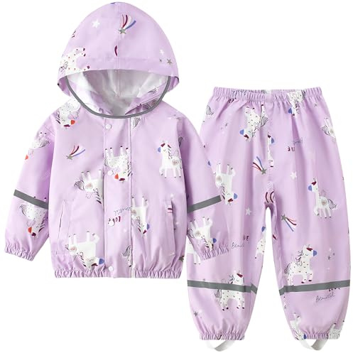 Fewlby Regenanzug Kinder Zweiteiliger Matschanzug - Regenjacke und Regenhose Mädchen Regen-Anzug 2PCS Set, Matschhose Regenmäntel Wind- und wasserdichte Regenbekleidung