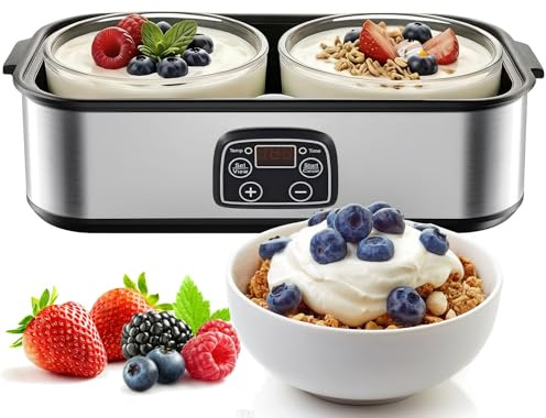 Orifesio Joghurtbereiter, 2000 ml Joghurtmaschine mit 2 Gläsern, Joghurt Maker mit Temperaturregelung und Timer, LCD-Display, Yogurt Maker Elektrisch für Griechischer Joghurt, Käse, Natto