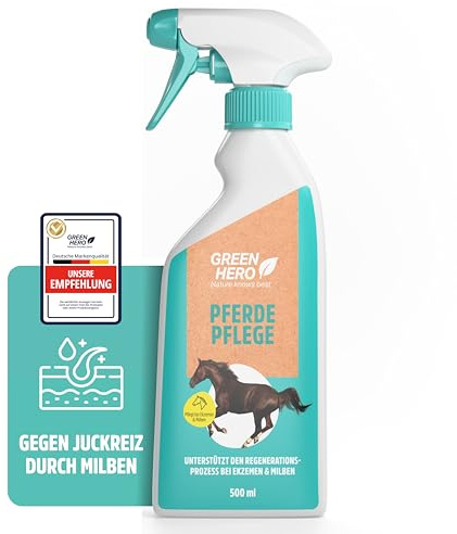 Green Hero Pferdepflege gegen Juckreiz durch Milben & Sommerekzem - 100% natürliches Pflegespray für Pferde - unterstützt den Regenerationsprozess der Haut bei Räude, Hefepilzen & Reizungen, 500 ml
