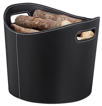 Relaxdays, schwarz Kaminholzkorb Kunstleder L, stabiler Feuerholzkorb mit Tragegriffen, für Brennholz & Zeitungen, oval, L