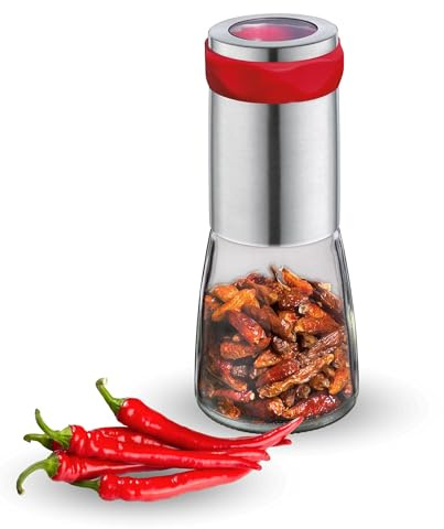 Cilio Chili Mühle PICCANTE | zum Selbstbefüllen | Ø 6,5cm, H: 14,5cm | mit Verschlusskappe | inkl. beschreibbaren Aufklebern | für gleichmäßig feine Chilli Flocken, Rot