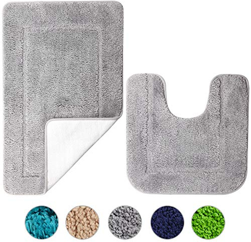 SOANNY Badematte 2er Set, Hochdichte Mikrofaser, rutschfest & Schnell Trocknend, 53x86 cm Badteppich & 50x50 cm WC Vorleger, Grau