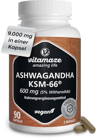 Organischer Ashwagandha KSM-66® 9000 mg (15:1) 3 Monate (90 Kapseln eine täglich) Wurzelextrakt mit 5% Withanoliden Vegan Ohne Zusatzstoffe