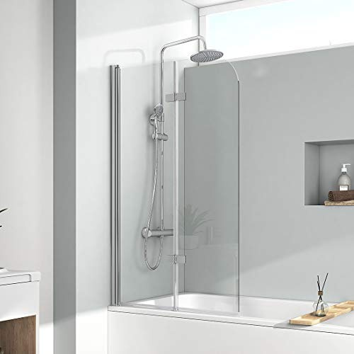 EMKE 120x140cm Duschwand für Badewanne Duschtrennwand Faltwand Duschabtrennung Badewannenaufsatz 6 mm Glas NANO einfach-Reinigung Beschichtung Bdewanne-Duschwand