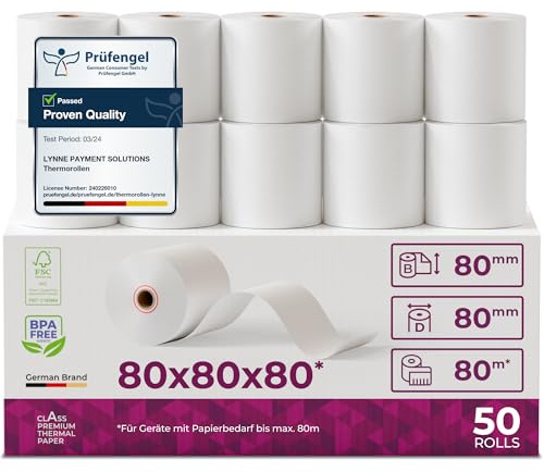 Thermorollen/Bonrollen/Kassenrollen 80mm x 80m x 12mm (80x80x12) für alle gängigen Thermopapier Kassen-Bondrucker – BPA Frei (B: 80mm - Ø80mm x 80m - 50 Stück)