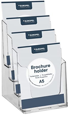 Prospekthalter 4x DIN A5 Hochformat, Polystyrol glasklar, Tisch und Wand | Etagen-Aufsteller, Fülltiefe 25 mm je Fach, Innenmaß 155 x 136 mm, 169 x 255 x 154 mm, 677 g, nur Innenbereich
