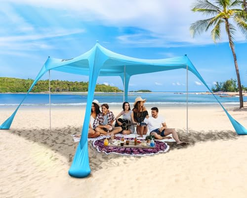 UV Strandzelt UPF50+ 3m X 3m Sonnensegel Strand Strandzelt Sonnenschutz | Mit 4 Alustangen 4 SandsäCken Und 4 Ground Anchor, Sonnendach Strandpavillon Leicht für Strand, Camping Picknick Reise