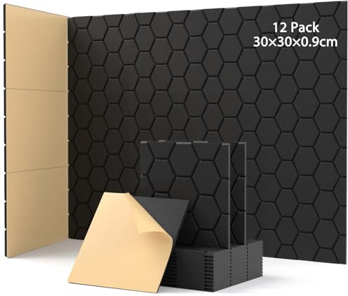 Soundsbay Akustikpaneele Selbstklebend Wabe 12 Stück Schwarz 30x30x0.9cm | Schallabsorber, Schalldämmung Wand tür Decken, für Gaming Deko, Büros, Studios, Schallschutzplatten, Wandpaneele, Dämmmatte