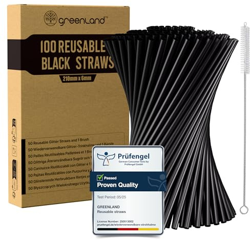 Greenland 100 Schwarze Wiederverwendbare Trinkhalme mit Bürste - Perfekt für Cocktails, Milch, Saft, Tee
