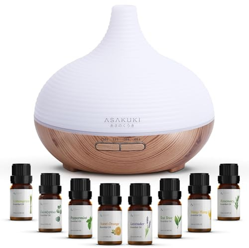 ASAKUKI Aroma Diffuser mit Ätherische Öle Set | 300ML diffuser mit 8 * 10ml Ätherische Öle Set,Ultraschall Luftbefeuchter mit 14 Farben LED für Zuhause Büro, Geschenk