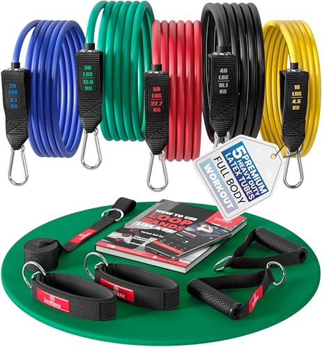 Resistance Bands Widerstandsband Set mit Trainingsguide - Expander Tubes Bänder Band Fitnessbänder - Widerstandsbandset: 5 Widerstandsbänder, Griffe, Türanker, Fußschlaufen | Fitnessband Fitness