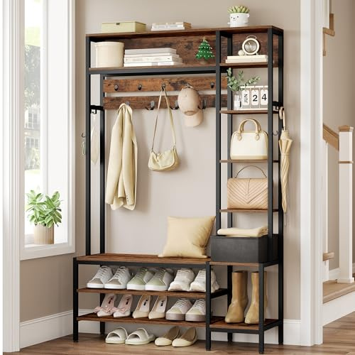 HEXCELEN Garderobenständer mit Schuhbank, 15 Haken, Braun und Schwarz | Garderobe, 1 Stoffkorb, Kleiderständer mit 8 Offene Ablagefächer, für Flure und Wohnzimmer, 40 x 120 x 190,5 cm