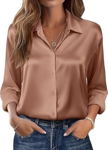 Beyove Damen Bluse Satin Seide Elegant V-Ausschnitt Hemden Langarm Casual Arbeit Oberteile mit Knöpfen Hemd Lose Langarmshirt Braun M