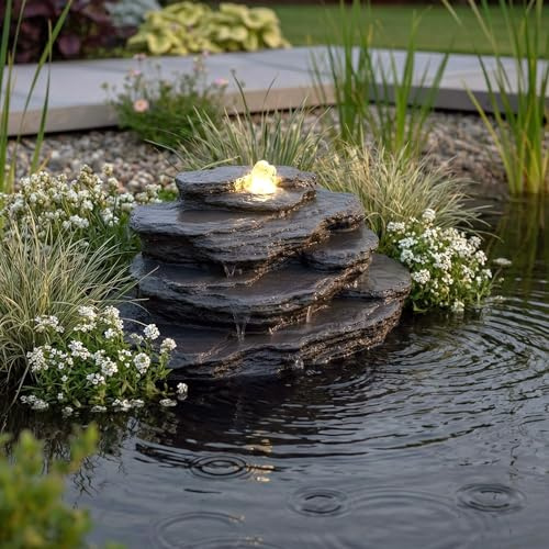 Künstlicher Quellstein Felsen mit LED Beleuchtung OG-KQS002 Realistische Steinoptik, inkl. 2 m Schlauch – Wetterfest für Teich & Bachlauf Schiefer-Optik Springbrunnen Gartenbrunnen
