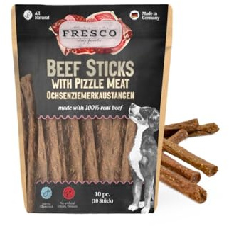 Fresco Ochsenziemerkaustangen 25 cm | 10 Stück | Ergänzungsfuttermittel für Hunde | Natürlicher Snack aus frischer Rinderkopfhaut und Ochsenziemer | Wiederverschließbar