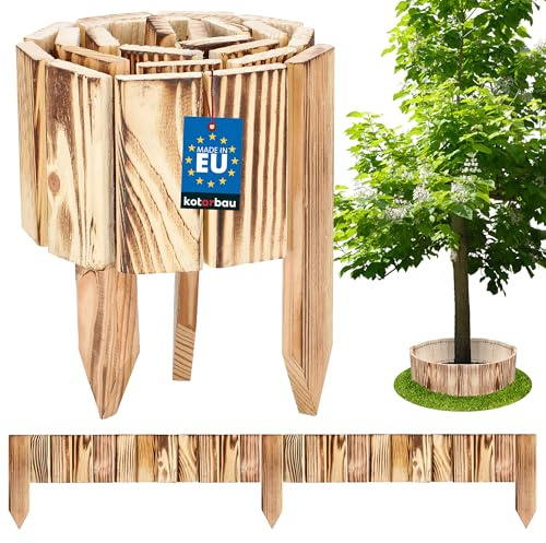 KOTARBAU® Beeteinfassung - 110 x 10 cm - Rollborder - Flexible Beetumrandung - Beet Zaun - Abgrenzung für Blumenbeete - Mini Steckzaun - Rasenkante - Garten Deko - Kiefernholz - Angebrannt