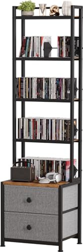 Epouseter Regal Aufbewahrung, 6-stöckiger Ständer für CDs, DVDs Bücher, mit Stoffschubladen, aus Holz, Stabiler Metallrahmen, verstellbare Buchstopper