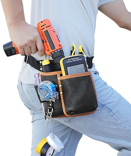 quipuda Werkzeuggürtel Herren, Echtes Leder Werkzeug Gürteltasche，Mit verstellbarem Hüftgurt, Werkzeugtasche mit Maßbandhalter für Klempner, Elektriker, Rahmenbauer