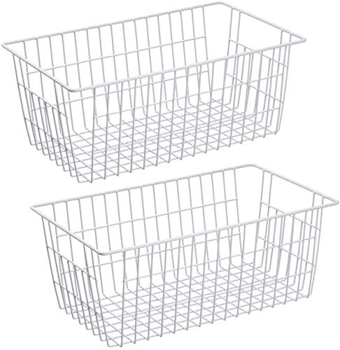 SANNO Drahtkorb Aufbewahrungskorb 24cm x 40cm 2er Set, Kühlschrank Organizer Allzweckkorb Brotkorb aus Eisen mit PE-Beschichtung, Weiss, mit eingebautem Griff