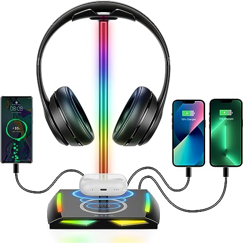 New Bee RGB Kopfhörer Ständer mit Wireless Ladegerät,Gaming-Headset-ständer Headset Halterung Wireless Charge Kopfhörer Halter mit 1*USB 2*Typ-C 11 Lighting Effects Modes Schwarz (Z12)