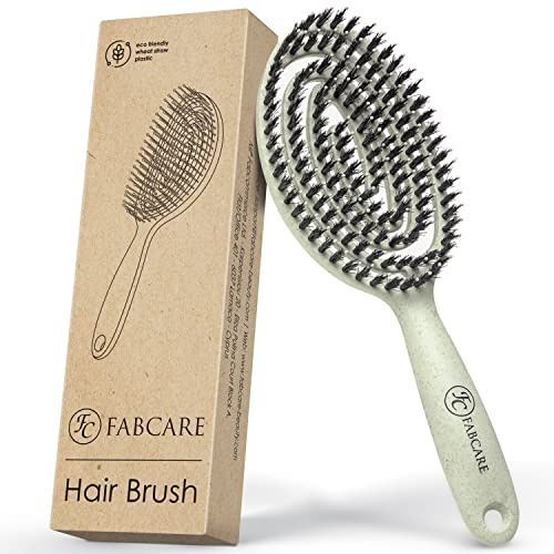 FABCARE Bio Haarbürste mit Wildschweinborsten - Detangler Doppelspiralfeder - Profi Entwirrbürste für jeden Haartyp - Damen (Grün) inkl. Ebook