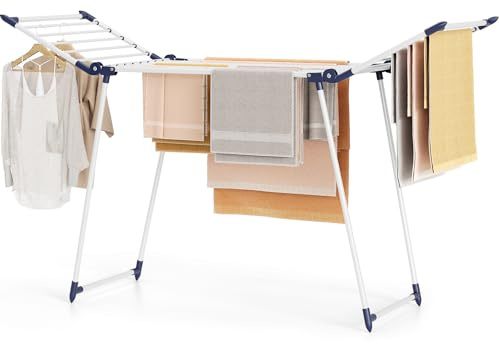 SYKIARIOL Wäscheständer, Standtrockner Flügel Klappbar, Platzsparend, Weiß | Gullwing-Design mit ausziehbaren Flügeln – kippsicherer Stand, flach klappbar, für Balkon & Terrasse.