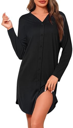 Crewhpo Nachthemd Damen Langarm Baumwolle mit Knopfleiste | Weiches Angenehmes Material, Einfacher Zugang in der Nacht, Bequem beim Sitzen, für Ruhige Nächte, als Bequeme Loungewear