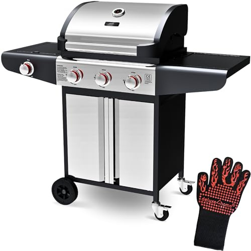 deluxe4home® Gasgrill BBQ Grillwagen mit Deckel I 3+1 Seitenbrenner XXL Grill Rollbar Seitenablage I inkl. Grillhandschuh und Grillthermometer I Rollgrill Standgrill
