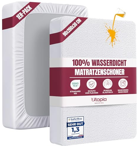 Utopia Bedding Matratzenschoner 90 x 200 x 30 cm Wasserdicht, Oeko-TEX Zertifiziert Matratzenauflage Atmungsaktive, Matratzenschutz, Rundum Elastisch Weiß