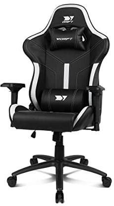DRIFT GAMING DR350 – Ergonomischer Profi-Gaming-Stuhl mit 4D-Armlehnen, Lenden- und Nackenkissen, 135° neigbar, Leise Rollen, Schwarz/Weiß