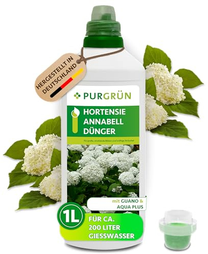 Purgrün® Hortensie-Annabell-Dünger 1 Liter – Organisch-mineralische Rezeptur – Premium-Flüssigdünger mit Spurennährstoffen – NPK 8+8+6 – Mit Guano & Aqua Plus – Für prächtige Blüten