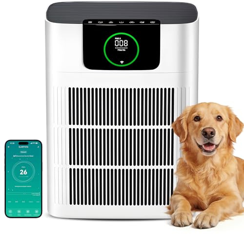 Alphaappliance Luftreiniger mit HEPA und Aktivkohlefilter gegen Schimmel Staub Pollen Tierhaare, CADR 330 m³/h für 100 m², App-gesteuert und 4+1 Modus, Leise und Energieeffizient, AP002