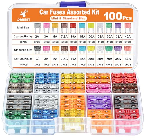 JOREST 100Pcs Kfz Sicherung Set, 56 Mini Flachsicherungen Auto + 44 Standard sicherungen kfz + 1 Sicherungszieher - für PKW/Wohnmobil/LKW/Motorrad (2 Ampere 3A 5A 7.5A 10A 15A 20A 25A 30A 35A 40A)