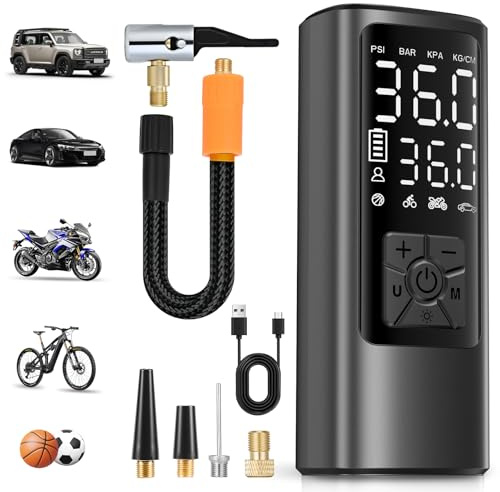 HOVVIDA Elektrische Luftpumpe, 10,3 bar Fahrradpumpe, Digitale Akku-Luftpumpe mit Druckvoreinstellung & Auto-Abschaltung, Wiederaufladbar, Luftpumpe für E-bike, Auto, Fahrrad, Motorrad, Bälle