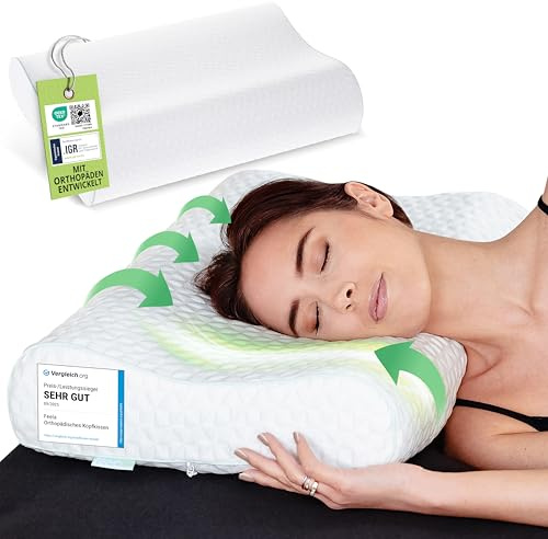 feela.® Orthopädisches Kopfkissen/Schlafkissen [3 Härtegrade] – Lindert Nacken- & Schulterschmerzen, Erhöht Schlafkomfort und Entlastet die Halswirbelsäule – Seitenschläferkissen 60x40 cm (Mittelfest)