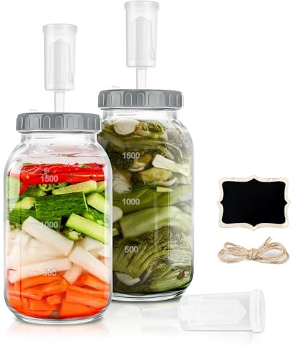 YUEYEE Fermentierglas 2 Stück 2L, Kimchi Behälter mit Luftschleuse, Perfekt für die Gärung für Kimchi, Sauerkraut,Sauerteig Starter, Sauerteigstarter,Kefir Glas mit Deckel