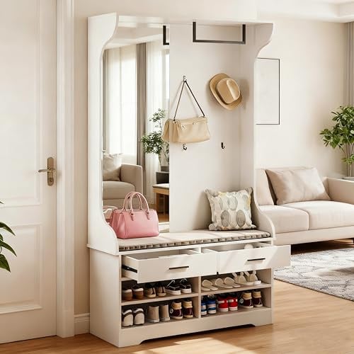 QMTXBYJ Garderobe Set mit Spiegel, Flurgarderoben Set mit 4 Haken, 2 Schublade, Schuhschrank, Flurschrank mit Wäscheständer, Wandgarderobe,Kompaktgarderobe Schmaler Flur, 104x35x180cm (Weiß)