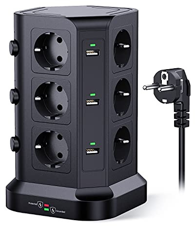 KOOSLA 12 Fach Steckdosenleiste (4000W/16A), 6 USB Mehrfachsteckdose mit Überspannungsschutz, einzeln schaltbarer Steckdosenturm für Büro Küche Tisch,2M Kabel, Schwarz