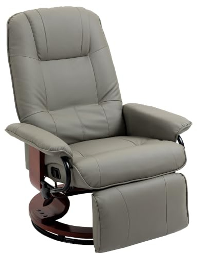 HOMCOM Relaxsessel mit Liegefunktion 360° Drehbar Air-Leder Grau | Verstellbar Rückenlehne, Fußstütze, Fernsehsessel , Ruhesessel mit Holzfuß, Liegesessel TV-Sessel, Wohnzimmer Schlafzimmer