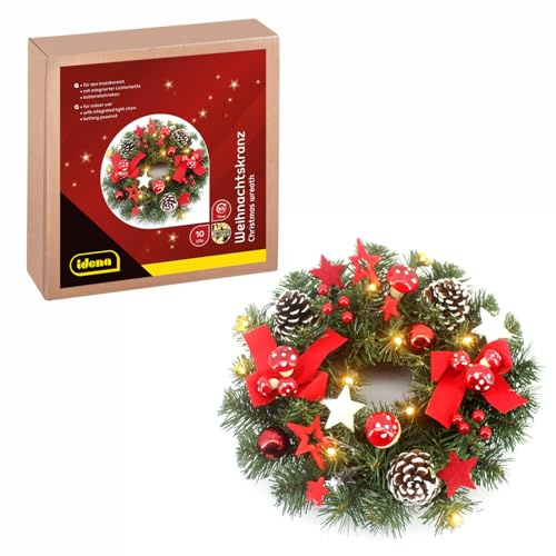 Idena 30546 - LED Weihnachtskranz mit Lichterkette und 10 LEDs in Warmweiß, ca. 30 cm groß, 6 Stunden Timer-Funktion, batteriebetrieben, als Türkranz & Weihnachtsdeko