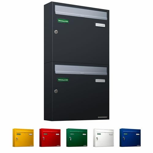 AL Briefkastensysteme Basic 2er Briefkasten RAL 7016 Anthrazit Grau/Einwurfklappe RAL 9006 Weiß Aluminium 2 Fach DIN A4 wetterfest mit Posthaltebügel und 2 Namensschildern