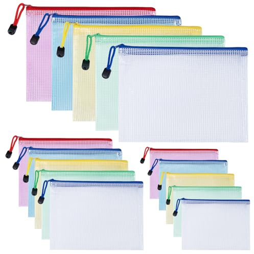 Carehabi bunte Dokumententasche A3+A4+A5, 15Pcs Wasserdichte Document Case, Mesh Beutel mit Reißverschluss, Datei Zipper Tasche Mesh Kunststoff Reißverschlusstasche für Dokumente, Kosmetika(3 Größen)