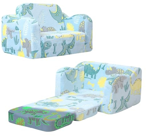 MeMoreCool 2-in-1 Kindersofa Ausklappbares Blau Dinosaurier | Kindersessel mit Schlaffunktion, Mini Spielcouch für Kinderzimmer Kuschelecke, geeignet für Mädchen und Jungen