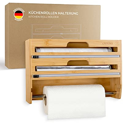 Exitoso 3-in-1 Folienschneider aus Bambus | Küchenrollenhalter Frischhaltefolienspender & Alufolienspender kombiniert | Wandrollenhalter Küche | Holz Folienspender zur Wandmontage