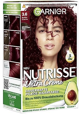Garnier Nutrisse Dauerhafte Pflege-Haarfarbe mit nährenden Fruchtölen, Coloration mit 8 Wochen Halt, Ultra Crème Tönung, 36 Dunkle Kirsche