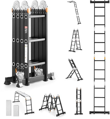 VEVOR Mehrzweckleiter, 7-in-1-Multifunktionsleiter, A-Rahmen mit 3 Stufen und Gerüstbrett, Teleskopleiter, Leitergerüst 3550 mm, robuste Leiter, 150 kg Tragkraft, für den Außenbereich zu Hause